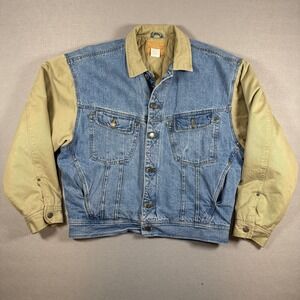 Vintage‎ 90s GAP Denim Jacket Mens L Blue Tan Quilted Lined Two Tone Sleeve Y2K